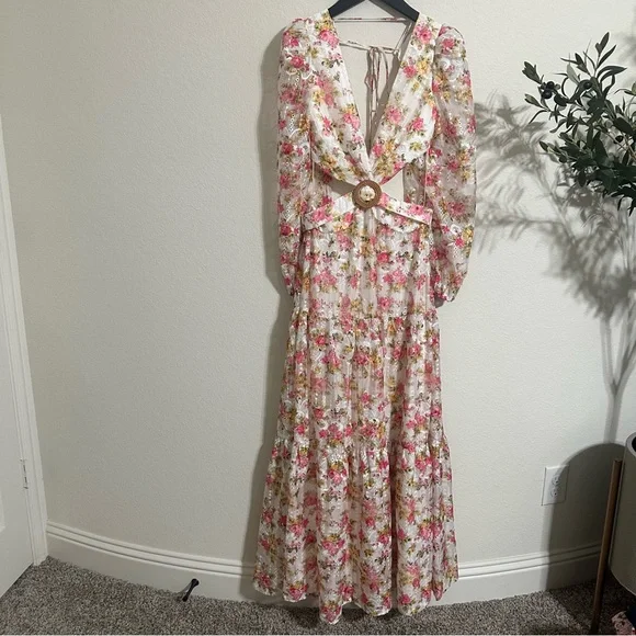 NWT GIANNI BINI Lillian Floral Print Long Sleeve Deep V-Neck Cut-Out Tiered dres - Picture 8 of 10